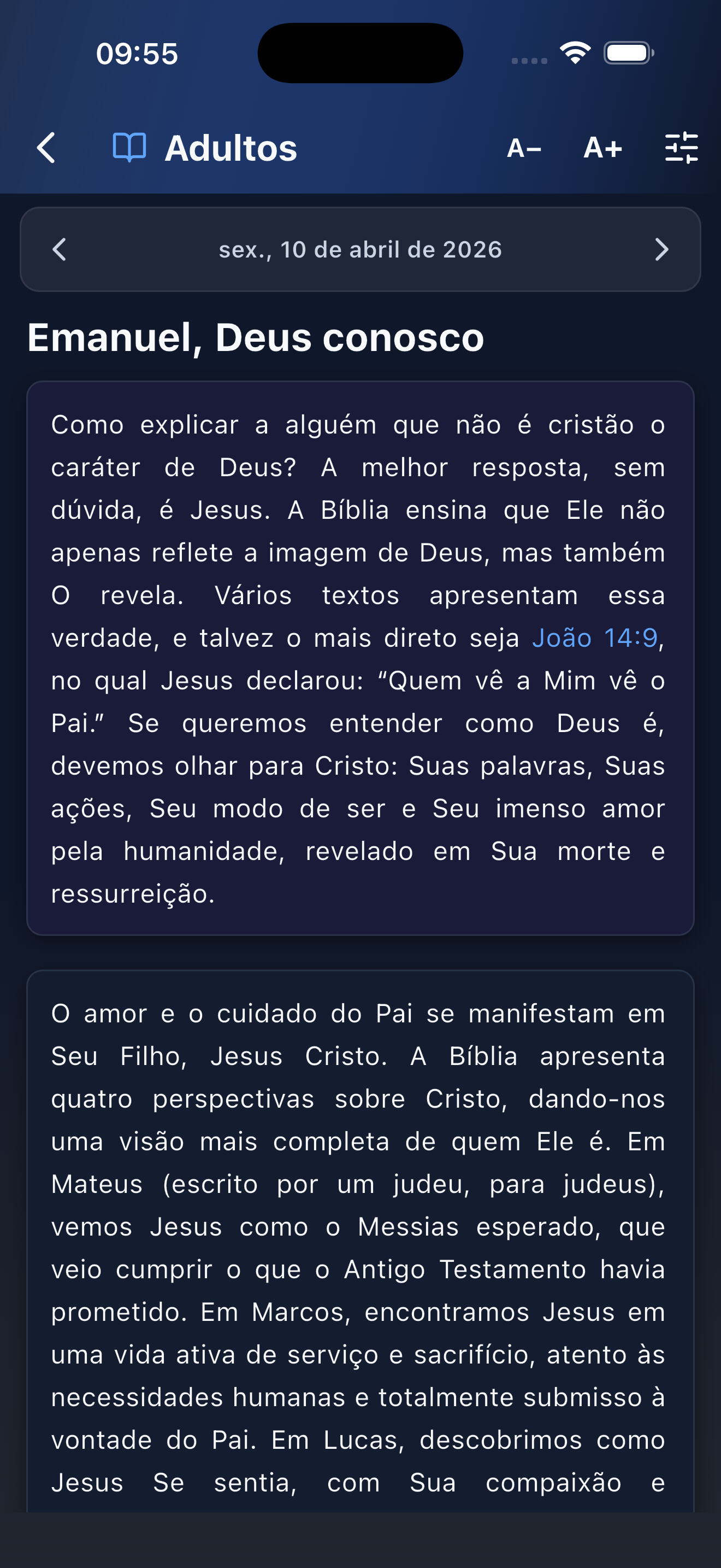 Captura del app — lección / lectura (oscuro)