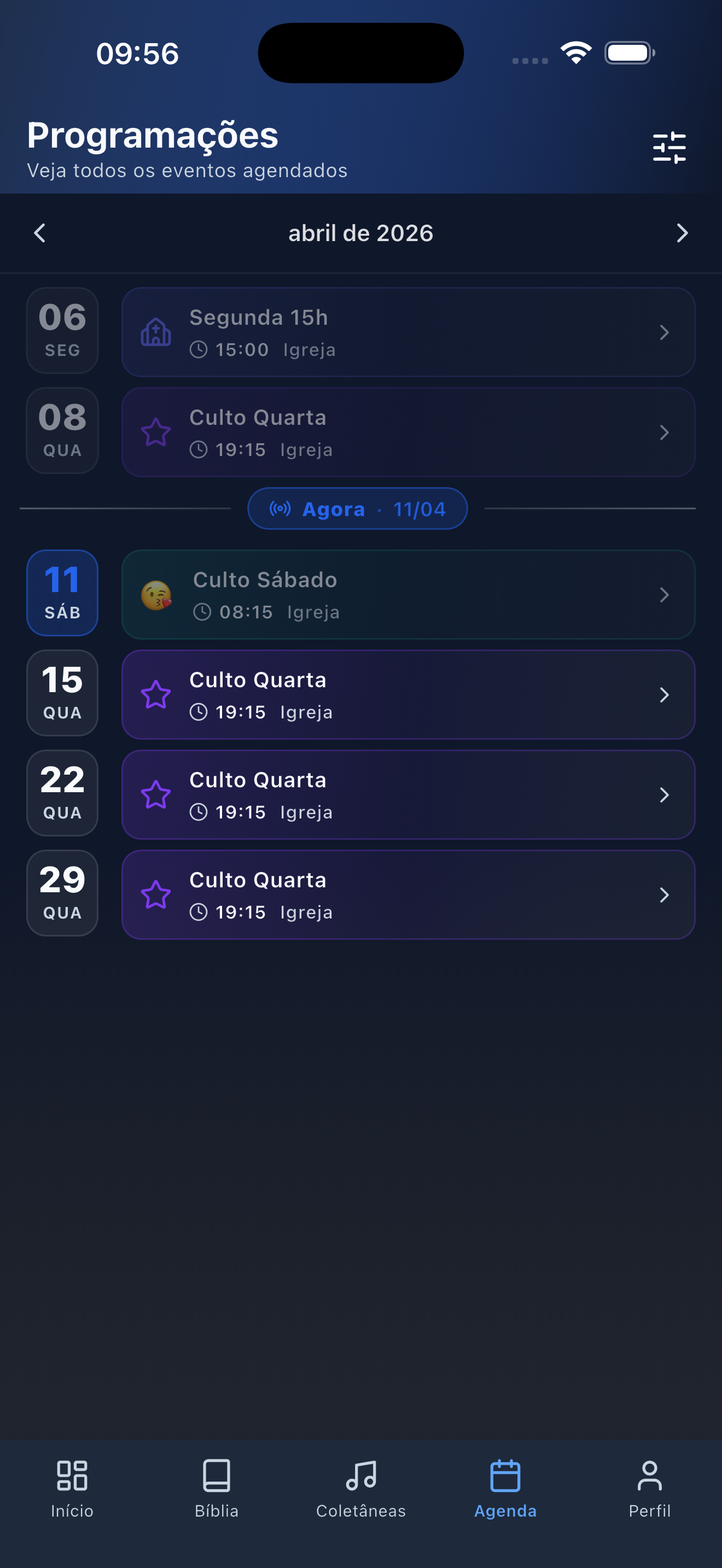 Captura del app — horarios (oscuro)
