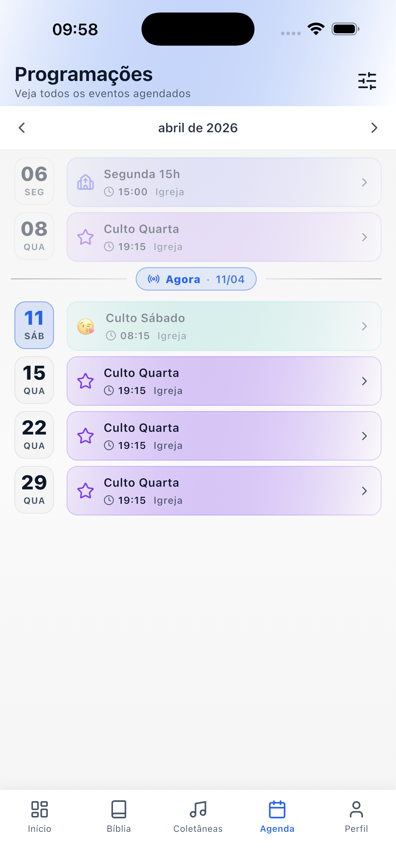 Captura del app — horarios (claro)